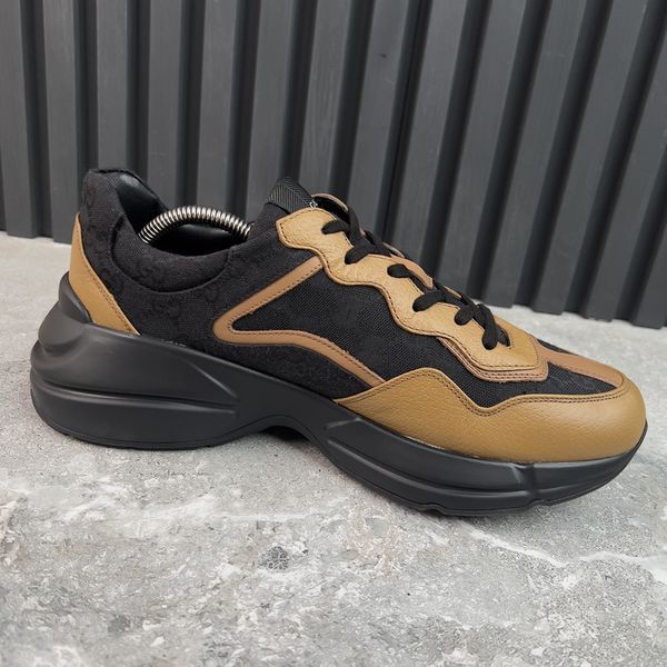 Rhyton Sneakers Brown Leather Signature GG Black Canvas