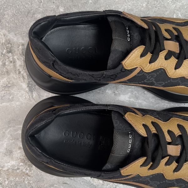 Rhyton Sneakers Brown Leather Signature GG Black Canvas