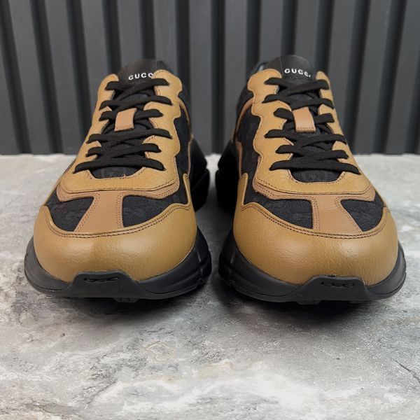 Rhyton Sneakers Brown Leather Signature GG Black Canvas