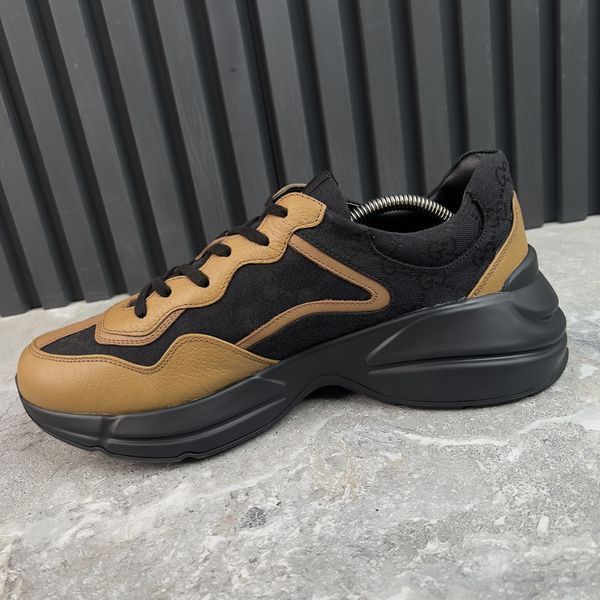 Rhyton Sneakers Brown Leather Signature GG Black Canvas