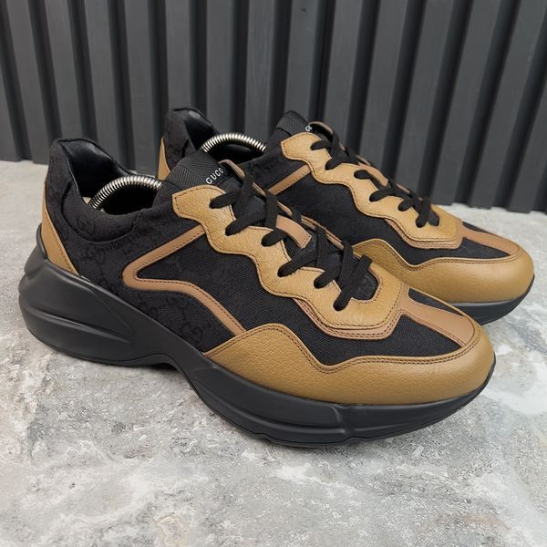 Rhyton Sneakers Brown Leather Signature GG Black Canvas