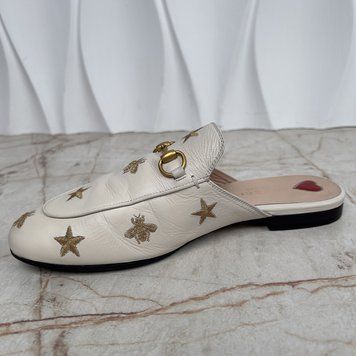 Princetown Horsebit Stars Bees Embroidered Mule White Leather