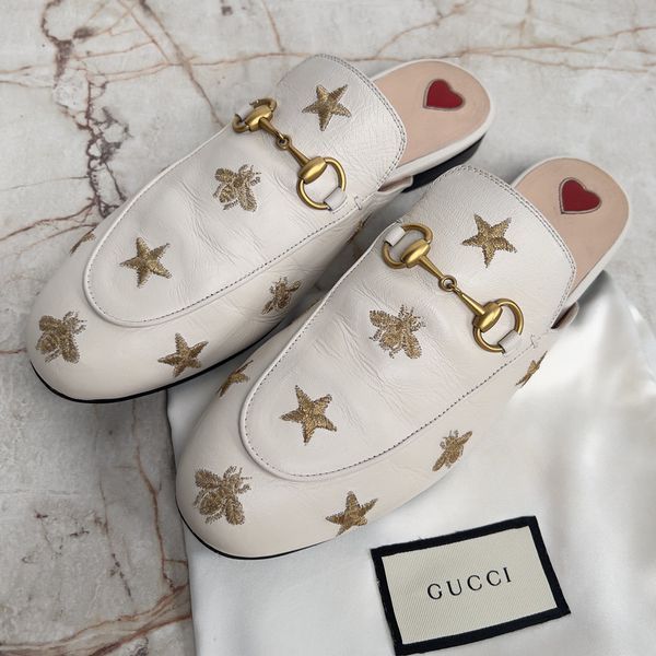 Gucci Princetown Horsebit Stars Bees Mule White Leather 3671 фото
