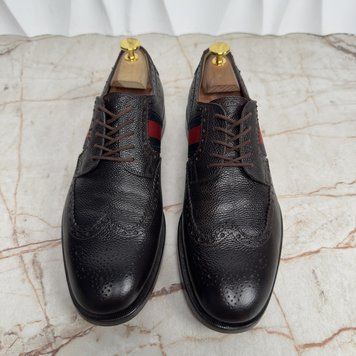 Gucci Web Wingtip Perforated Dress Shoes Derby Brown Grain Leather 3648 фото