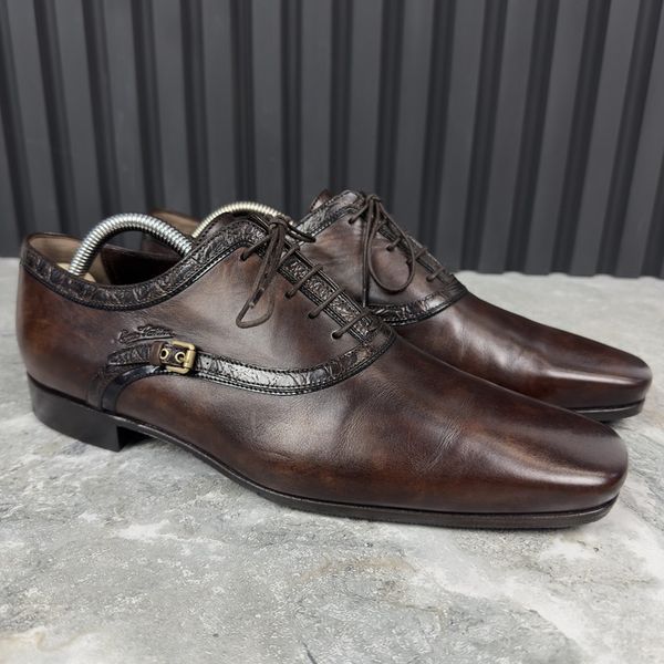 Oxford Dress Shoes Brown Leather Crocodile Trim
