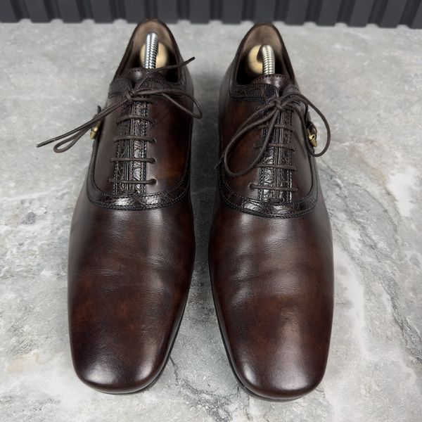 Oxford Dress Shoes Brown Leather Crocodile Trim