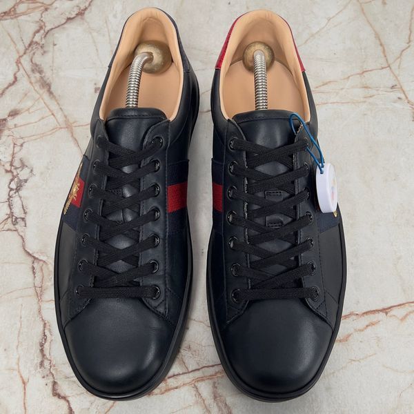 Gucci Ace Web Bee кросівки чорні шкіряні із вишивкою 3032 фото