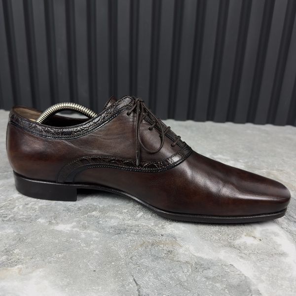 Oxford Dress Shoes Brown Leather Crocodile Trim