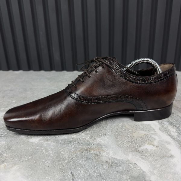 Oxford Dress Shoes Brown Leather Crocodile Trim