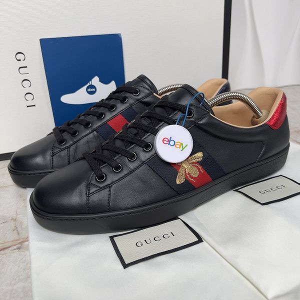 Gucci Ace Web Bee кросівки чорні шкіряні із вишивкою 3032 фото