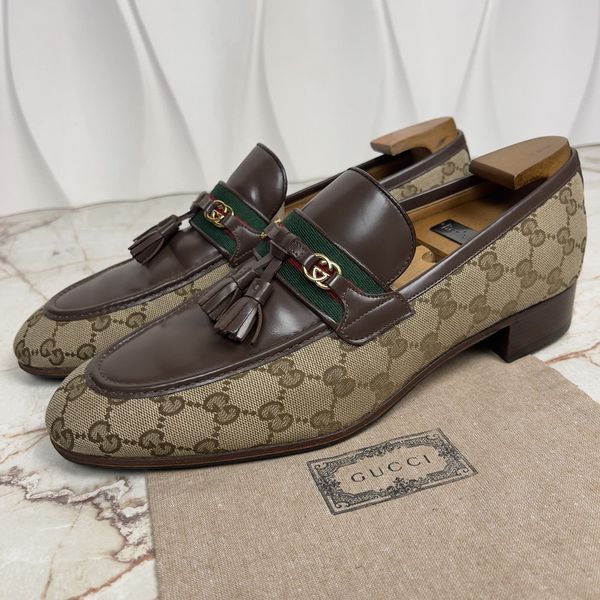 Лофери коричневі шкіряні та з бежевої канви GG Monogram 3375 фото