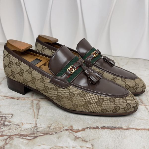 Лофери коричневі шкіряні та з бежевої канви GG Monogram 3375 фото