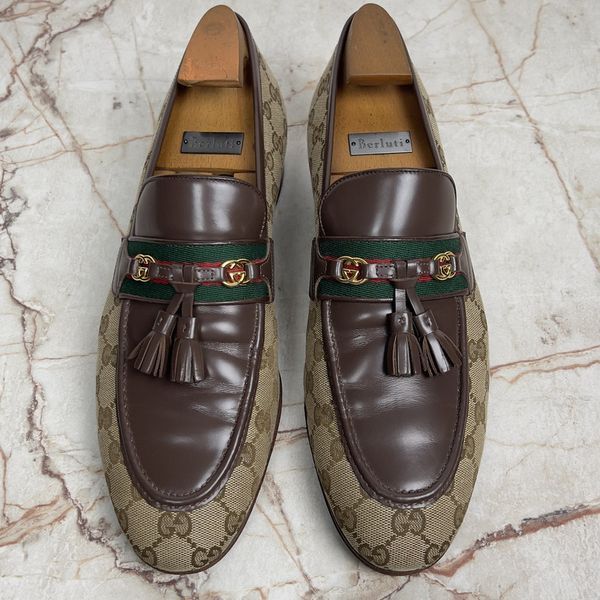 Лофери коричневі шкіряні та з бежевої канви GG Monogram 3375 фото