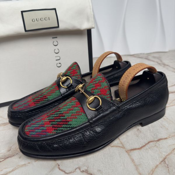 Gucci 1953 Horsebit Loafers Tweed Black Leather 3680 фото