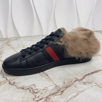 Ace Web Bee Embroidered Sneaker Fur Black Leather
