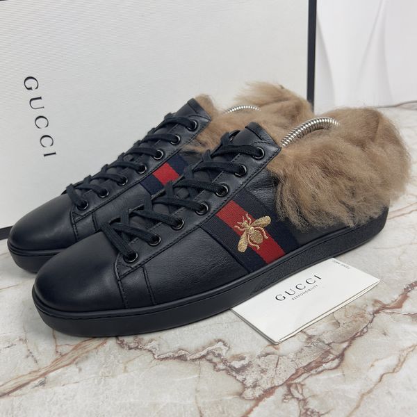 Ace Web Bee Embroidered Sneaker Fur Black Leather
