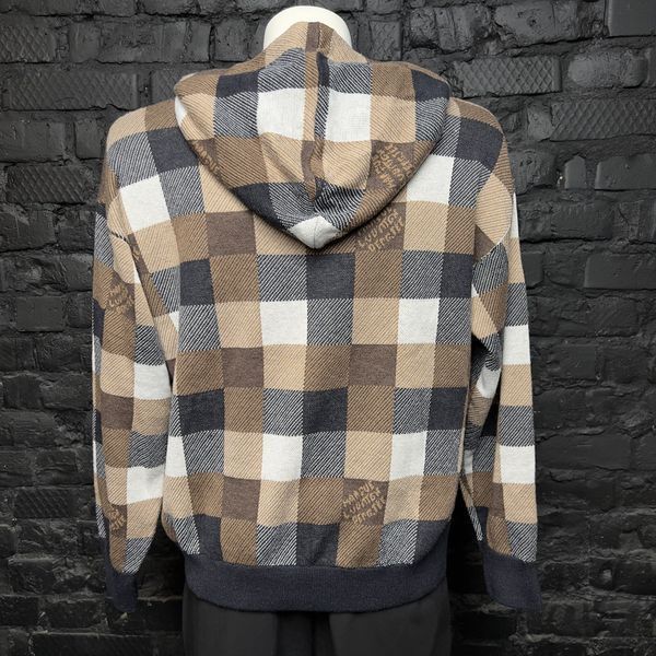 Parker Hoodie Sweater Damier Blue Brown Cashmere Wool Blend