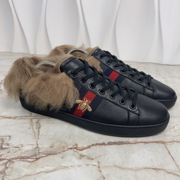 Ace Web Bee Embroidered Sneaker Fur Black Leather