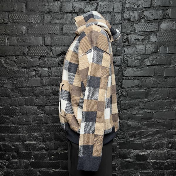 Parker Hoodie Sweater Damier Blue Brown Cashmere Wool Blend
