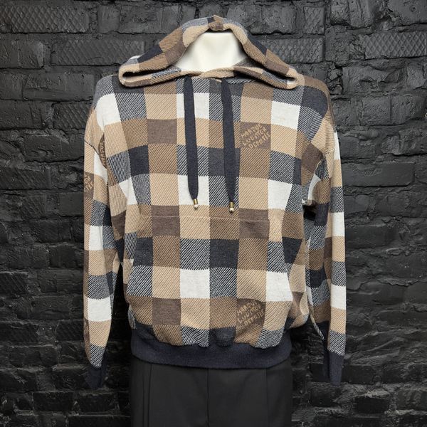 Parker Hoodie Sweater Damier Blue Brown Cashmere Wool Blend