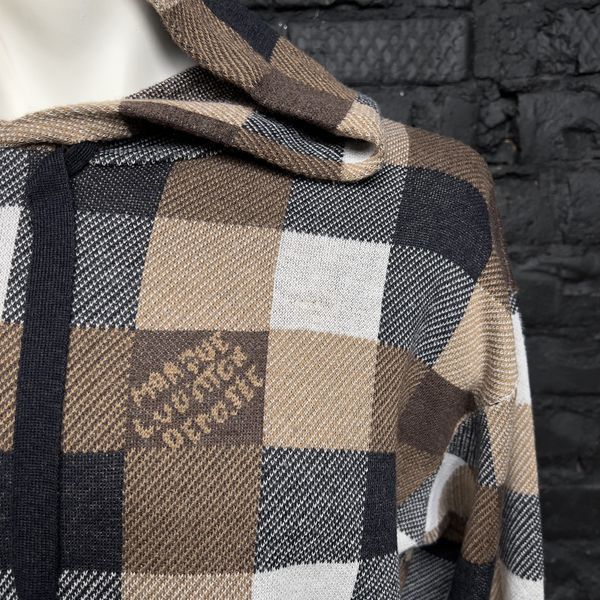 Parker Hoodie Sweater Damier Blue Brown Cashmere Wool Blend