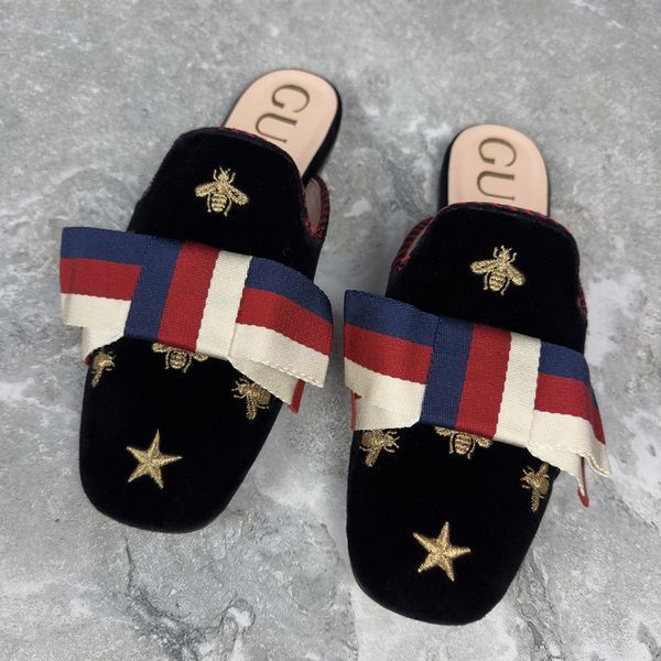 Princetown Embroidered Bees Stars Mule Black Velour