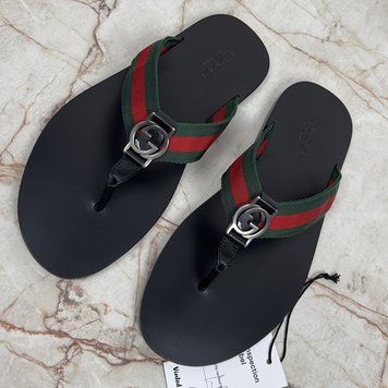 Web GG Interlocking Buckle Thong Sandals Black Leather