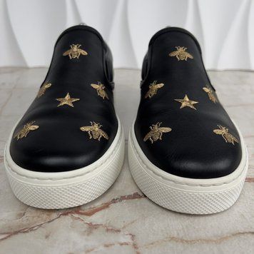 Dublin Sneakers Slip On Embroidered Bees Stars Black Leather
