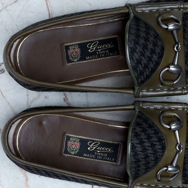 1953 Horsebit Loafers Houndstooth Tweed Olive Green Leather