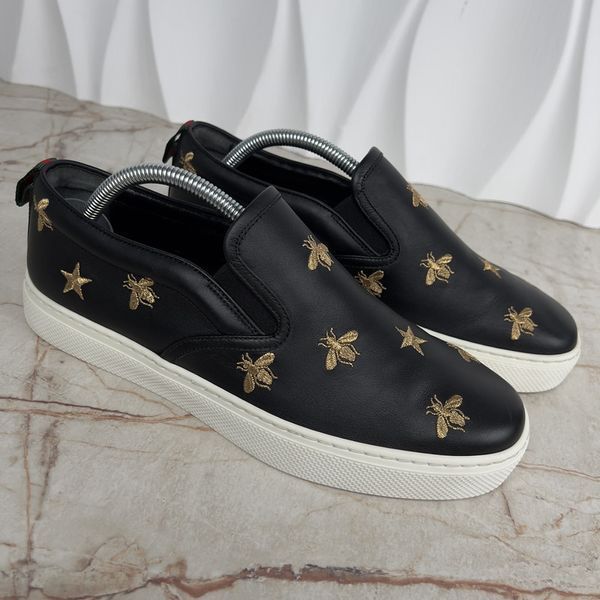 Dublin Sneakers Slip On Embroidered Bees Stars Black Leather