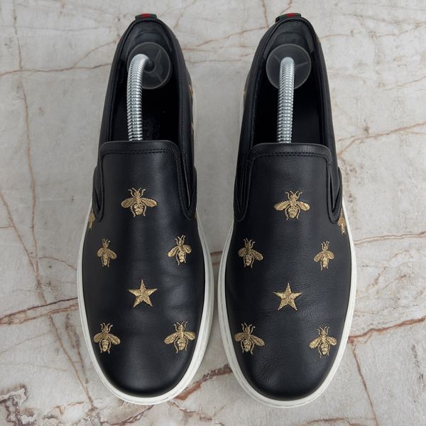 Dublin Sneakers Slip On Embroidered Bees Stars Black Leather