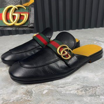 Donnie Double GG Web Mule Flat Black Leather