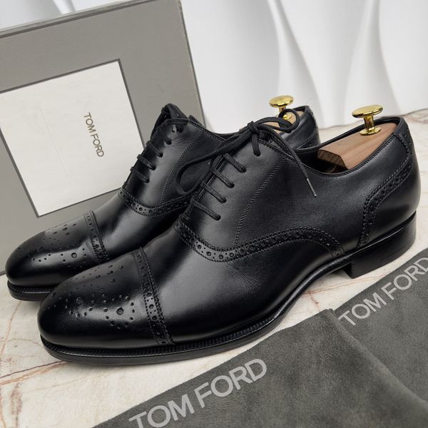 CLAYDON Austin Cap Toe Dress Shoes Oxford Brogue Perforated Black Leather