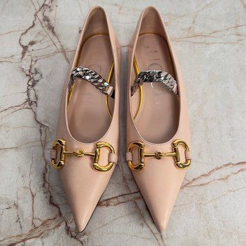 Deva Beige Leather Horsebit Silver Chain Ballets