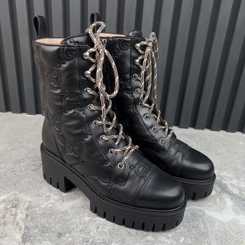 Cordovan Lux Nappa GG Matelasse Cap Toe Combat Boots Platform Black Leather