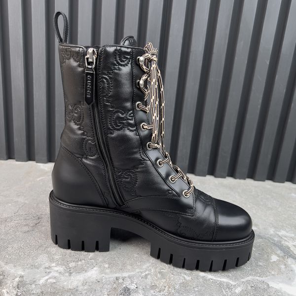 Cordovan Lux Nappa GG Matelasse Cap Toe Combat Boots Platform Black Leather