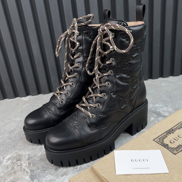 Cordovan Lux Nappa GG Matelasse Cap Toe Combat Boots Platform Black Leather