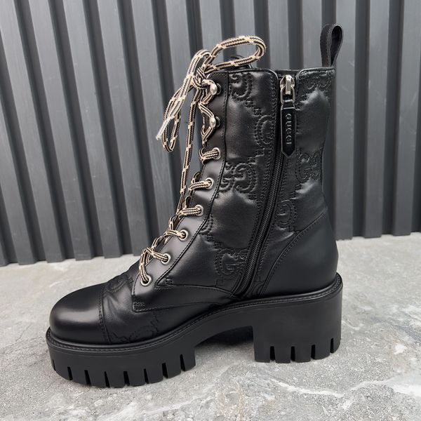 Cordovan Lux Nappa GG Matelasse Cap Toe Combat Boots Platform Black Leather