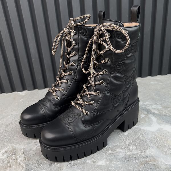 Cordovan Lux Nappa GG Matelasse Cap Toe Combat Boots Platform Black Leather