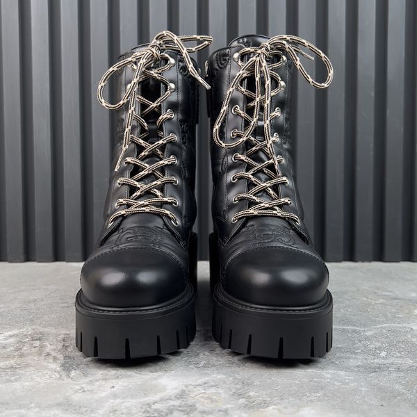 Cordovan Lux Nappa GG Matelasse Cap Toe Combat Boots Platform Black Leather