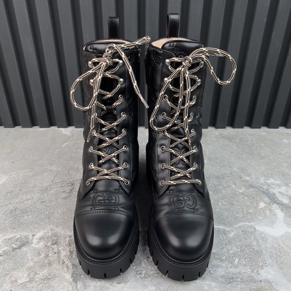 Cordovan Lux Nappa GG Matelasse Cap Toe Combat Boots Platform Black Leather