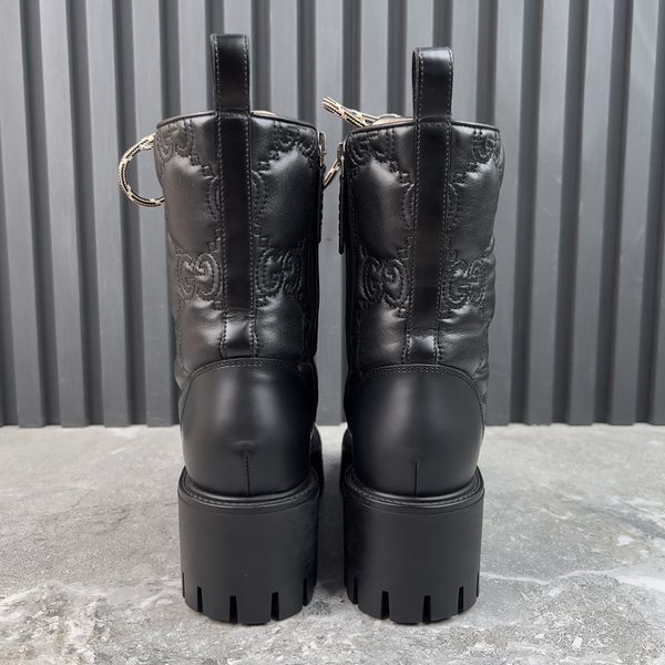 Cordovan Lux Nappa GG Matelasse Cap Toe Combat Boots Platform Black Leather