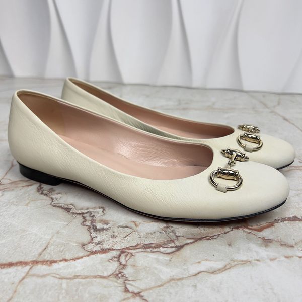 Horsebit Ballet Flats Beige Leather
