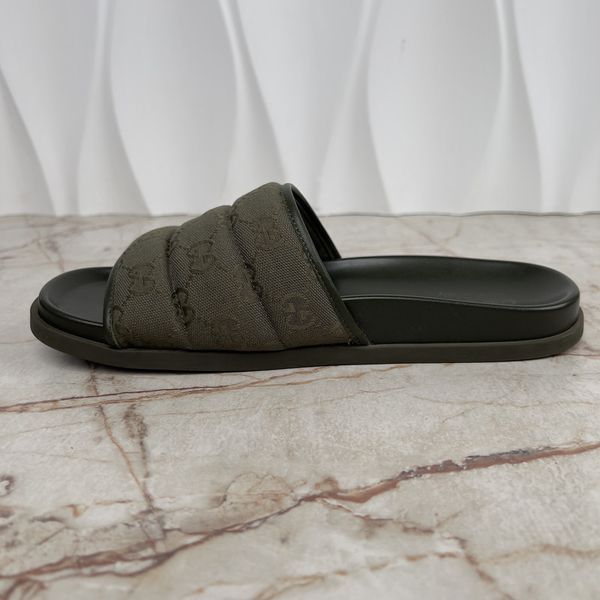 Slides Dark Green GG Monogram Quilted Canvas Leather