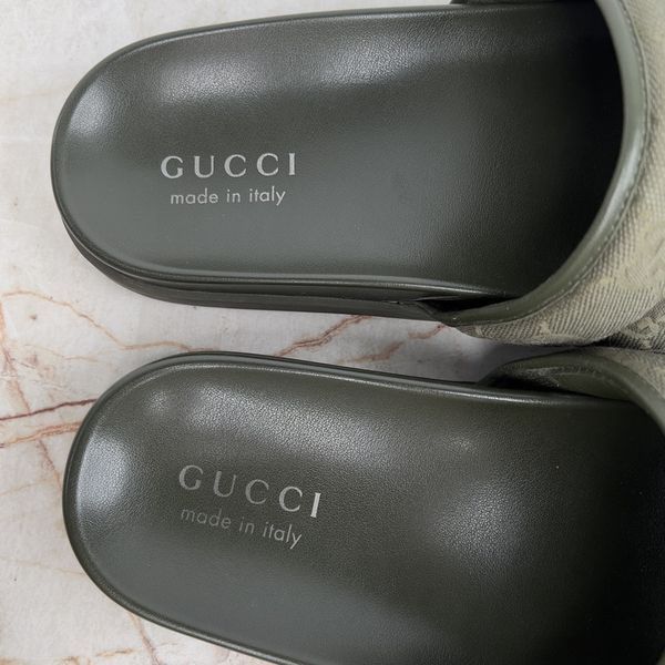 Slides Dark Green GG Monogram Quilted Canvas Leather