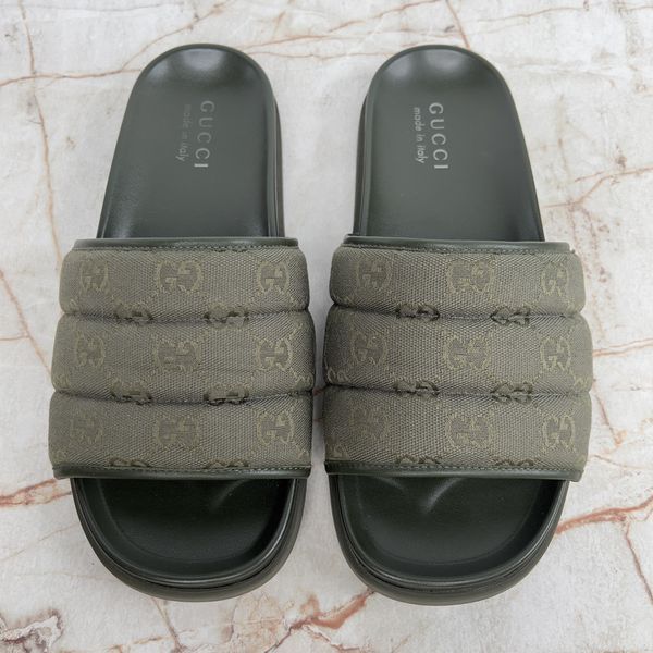 Slides Dark Green GG Monogram Quilted Canvas Leather