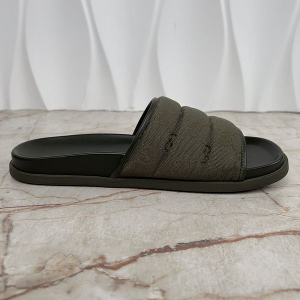 Slides Dark Green GG Monogram Quilted Canvas Leather