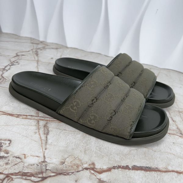 Slides Dark Green GG Monogram Quilted Canvas Leather