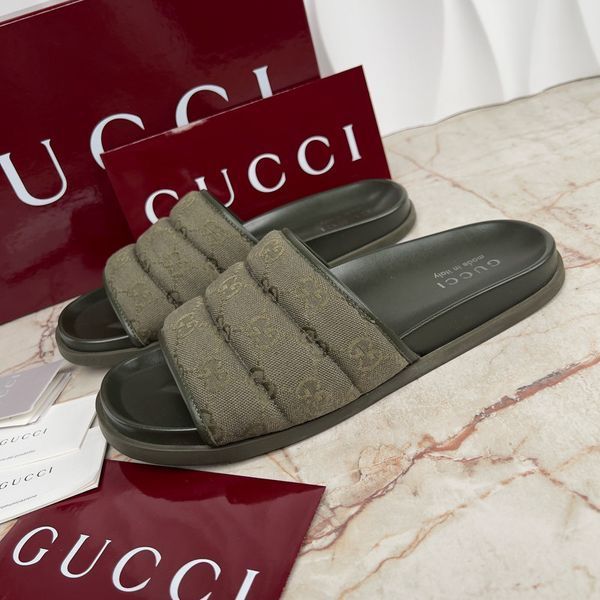 Slides Dark Green GG Monogram Quilted Canvas Leather