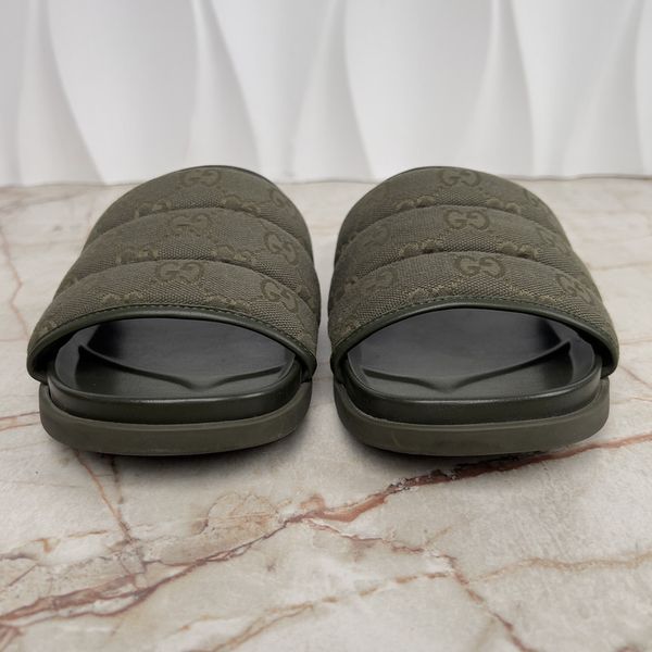 Slides Dark Green GG Monogram Quilted Canvas Leather